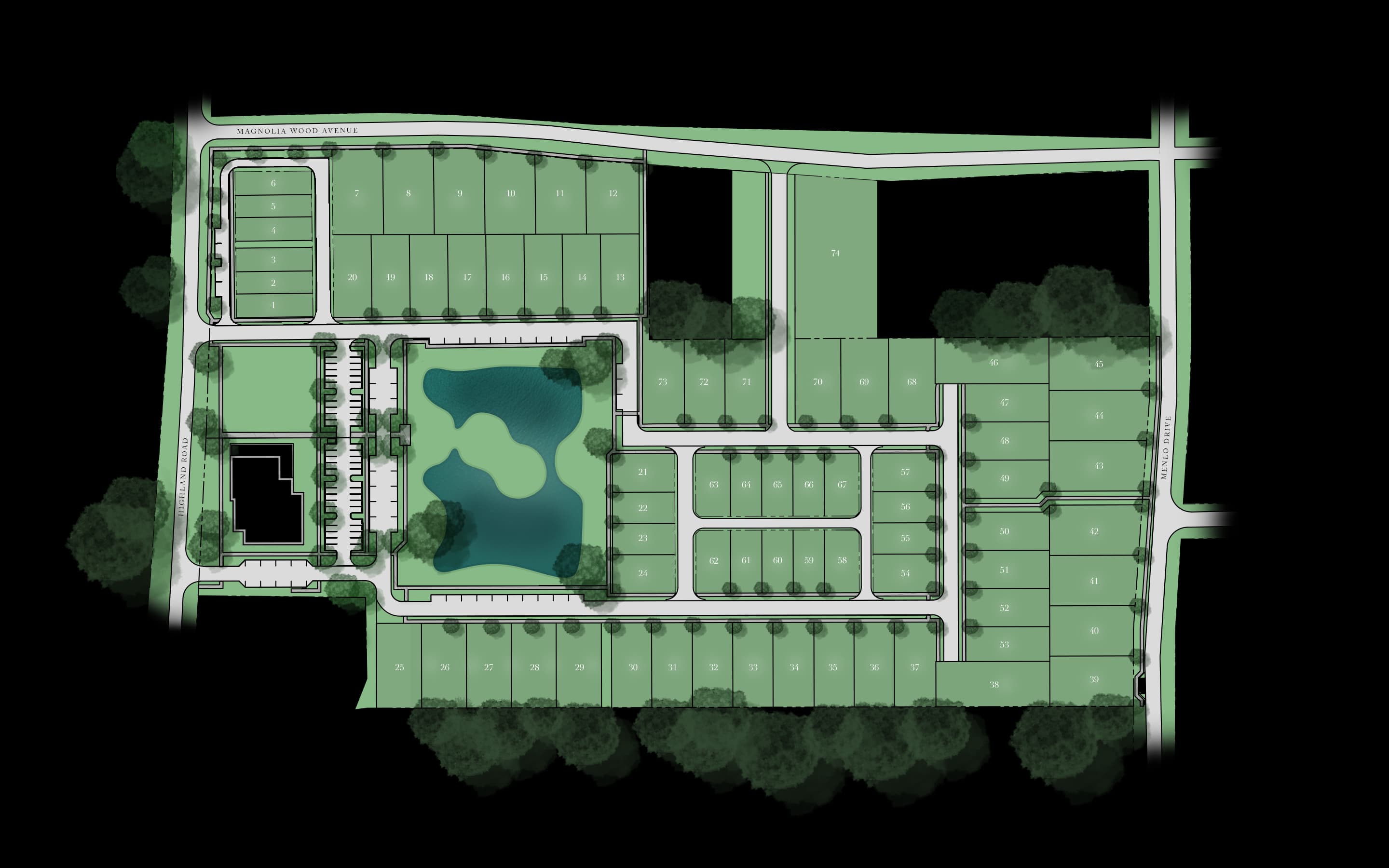 Benton at Magnolia Woods site plan — 74 custom home lots on Highland Road, Baton Rouge